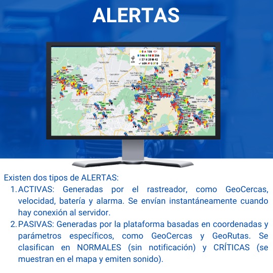 Existen dos tipos de ALERTAS: ACTIVAS: Generadas por el rastreador, como GeoCercas, velocidad, batería y alarma. Se envían instantáneamente cuando hay conexión al servidor. PASIVAS: Generadas por la plataforma basadas en coordenadas y parámetros específicos, como GeoCercas y GeoRutas. Se clasifican en NORMALES (sin notificación) y CRÍTICAS (se muestran en el mapa y emiten sonido).